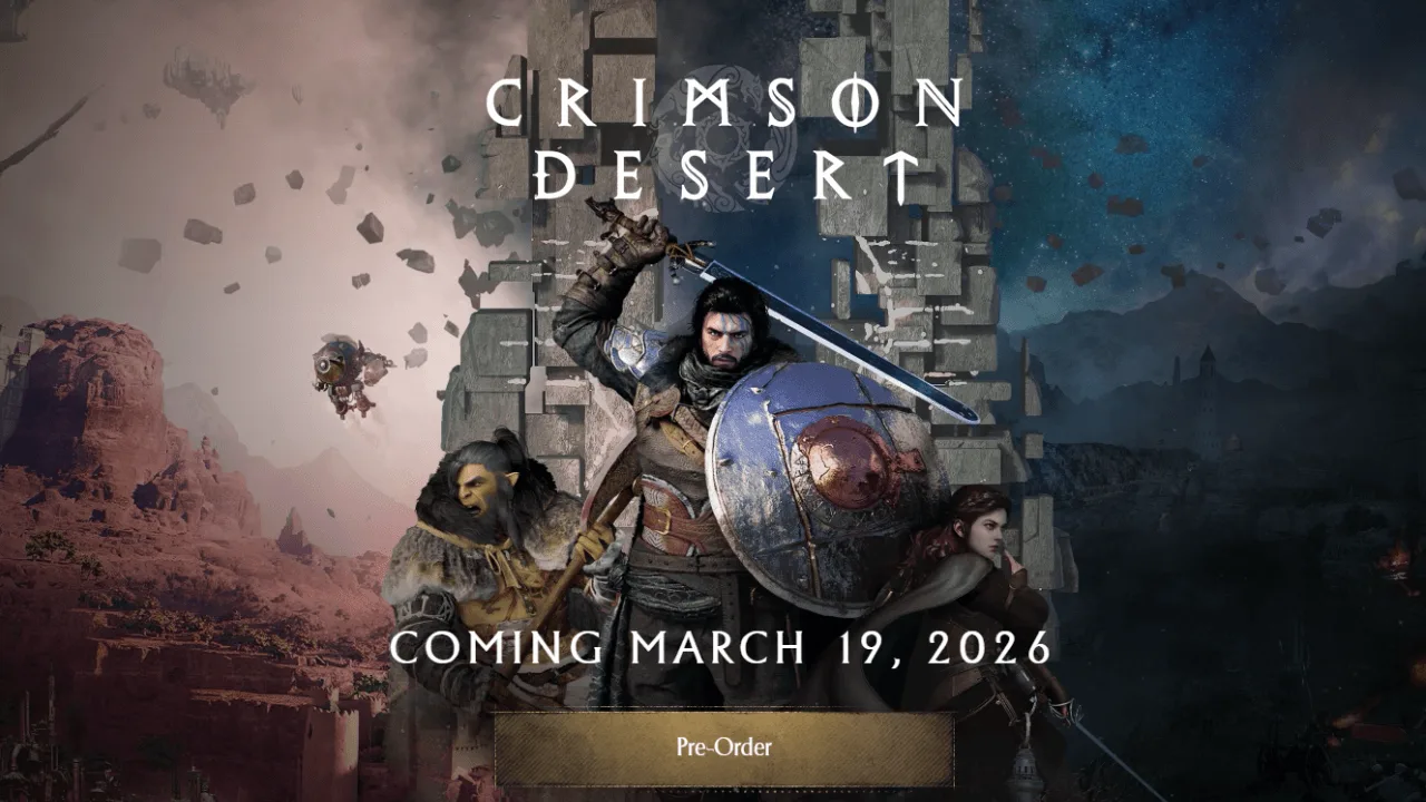 Cinematic battle scene from Crimson Desert 2026 featuring medieval warriors and dragons – Pearl Abyss high-resolution art.