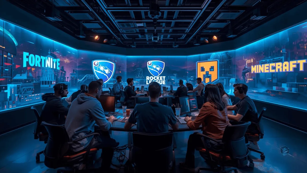 Game developers collaborating in a futuristic studio surrounded by holograms of top cross-platform games like Fortnite and Rocket League.