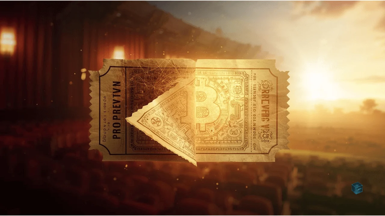 Conceptual art of a movie ticket transforming into a glowing property deed, visualizing the shift from game licensing to true blockchain ownership.