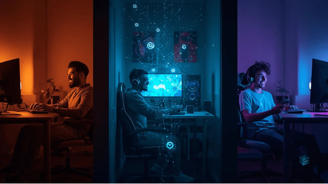 Gamers using consoles, PCs, and mobile devices connected by digital energy threads, representing global cross-platform friendships.