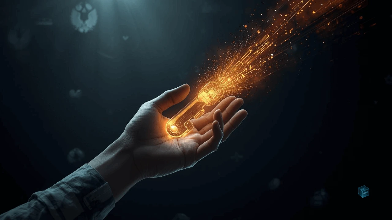 A single ornate, glowing key projecting portals into different game worlds, demonstrating cross-game utility and composability of blockchain assets.