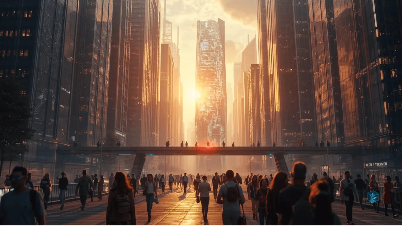 A futuristic intelligent metropolis in 2026, where adaptive architecture and AI systems coexist with citizens using augmented reality.