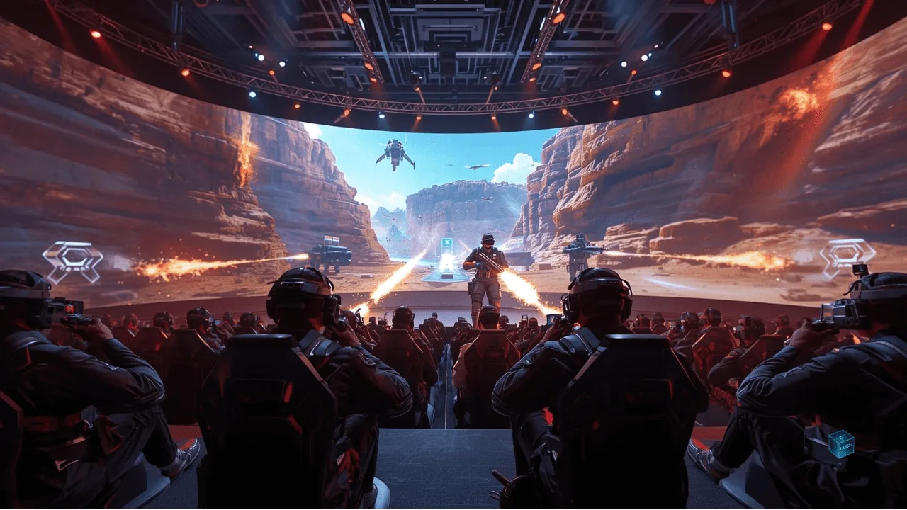 Professional gamers in a stadium, using immersive haptic technology to compete in a photorealistic virtual combat simulation.