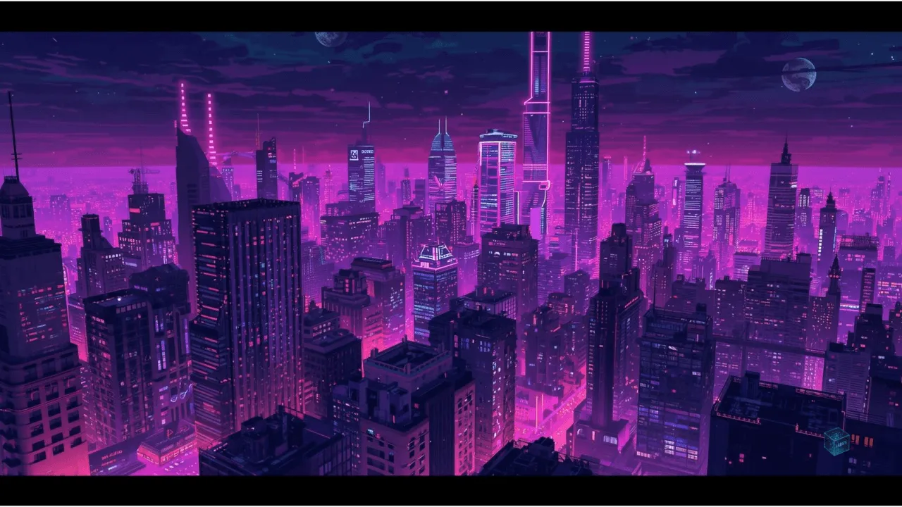 Vibrant neon pixel art cityscape showing retro aesthetic trend in gaming