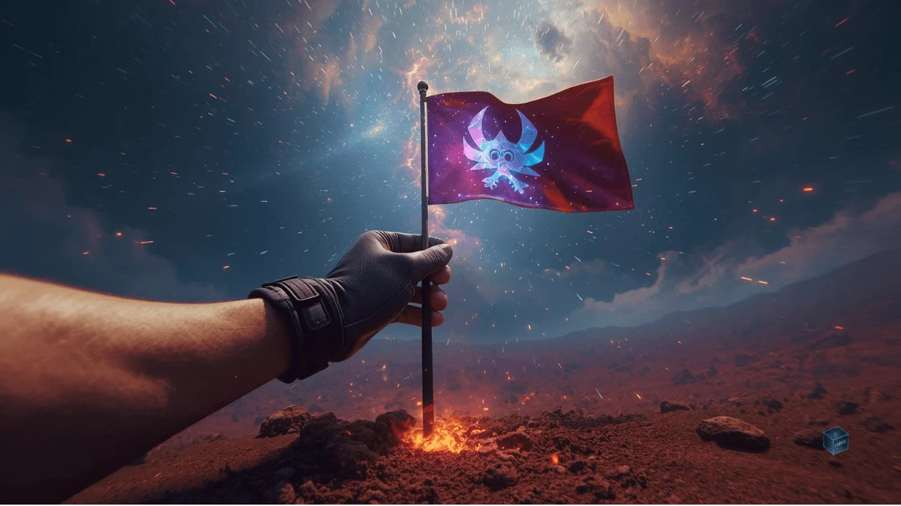 A cinematic shot of a gamer planting a personalized holographic flag in a digital landscape, representing the creation of a permanent player legacy with blockchain.