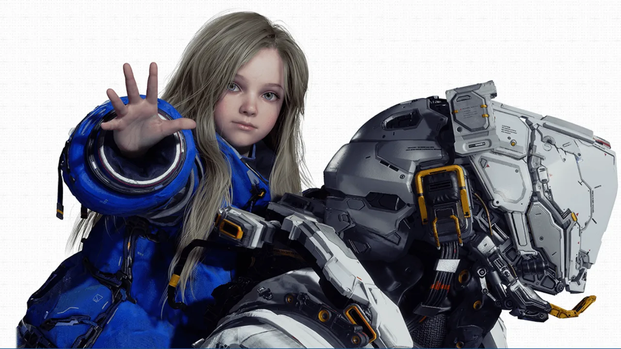 Official concept art of Capcom’s Pragmata showing astronaut and child in futuristic space city – upcoming 2026 release.