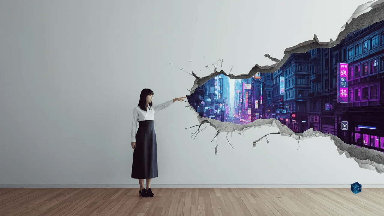 Symbolic image of a user seamlessly merging physical reality with a hyper-detailed virtual world through a tactile interface.