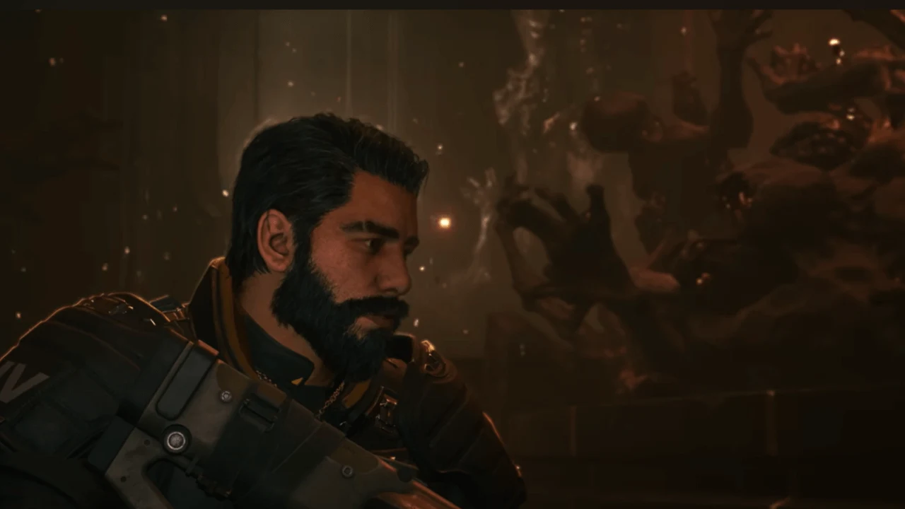 Sci-fi world from Saros 2026 PlayStation exclusive showing futuristic city skyline and glowing weapons – Housemarque artwork.