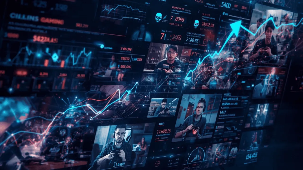 Futuristic infographic blending gamers and global financial growth charts, symbolizing the booming cross-platform gaming economy.