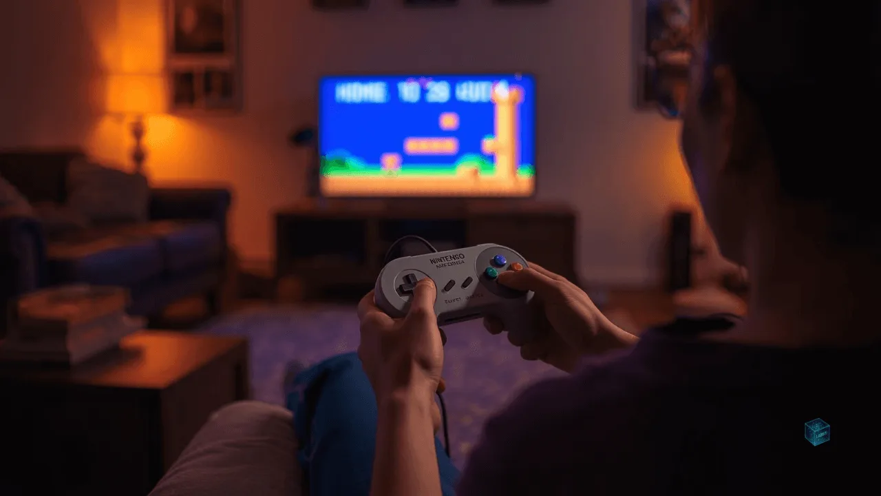 Player relaxing with SNES controller, representing the comfort and nostalgia of retro gaming.”