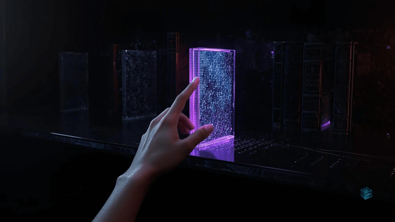 A person's hand touching a glowing holographic book on a digital shelf, symbolizing true ownership of digital games and assets in the blockchain era.