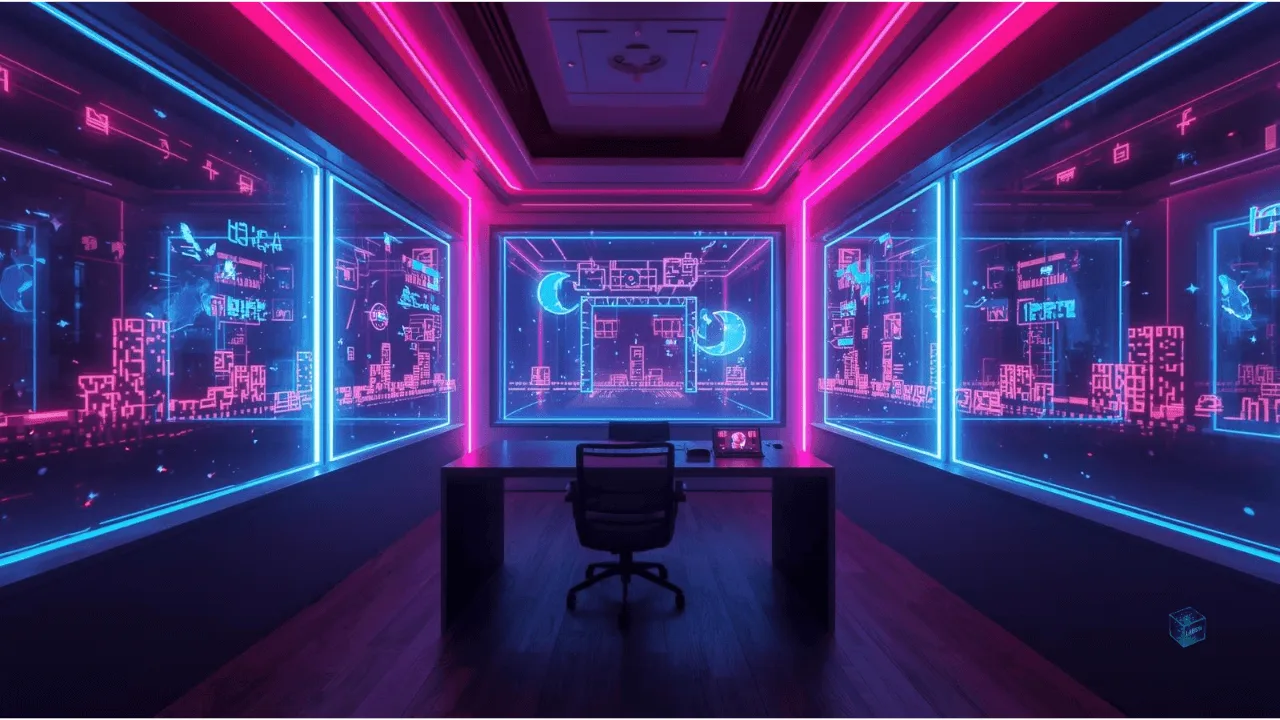 Futuristic holographic setup playing 8-bit games, representing the fusion of old and new in 2026 gaming.