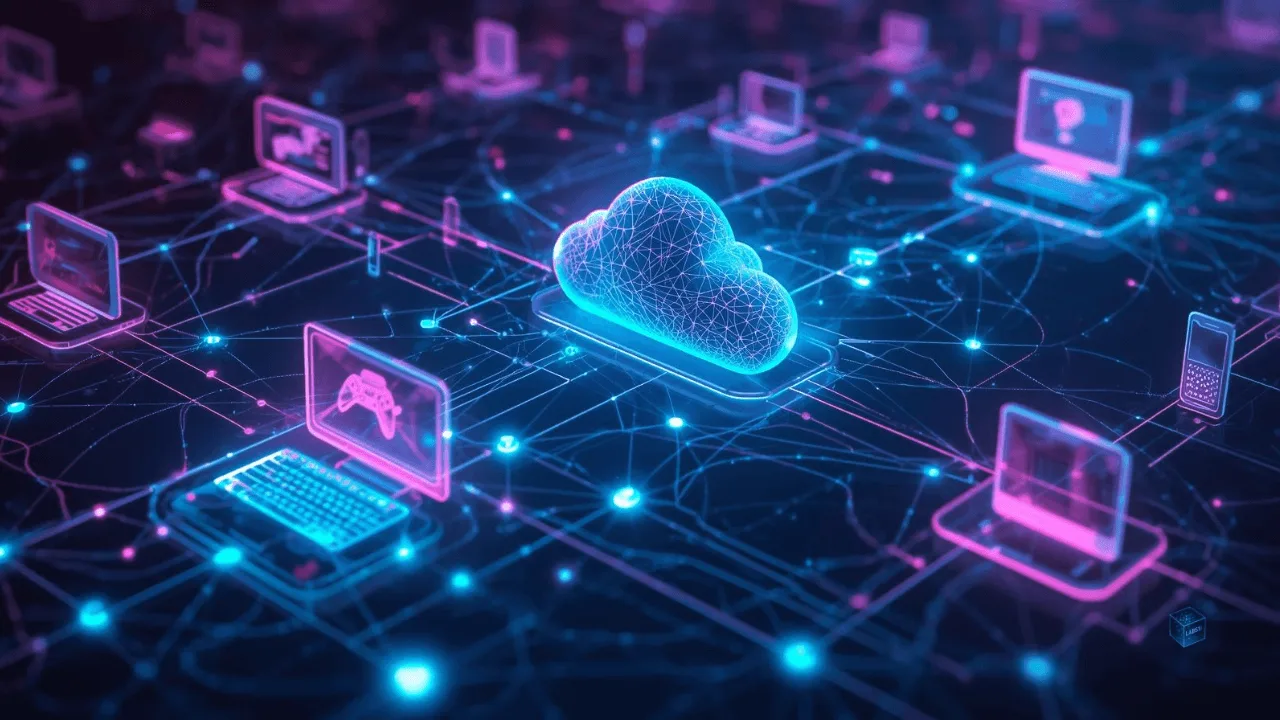 Cloud servers linking multiple gaming devices with glowing data streams, illustrating the technology powering cross-platform play.