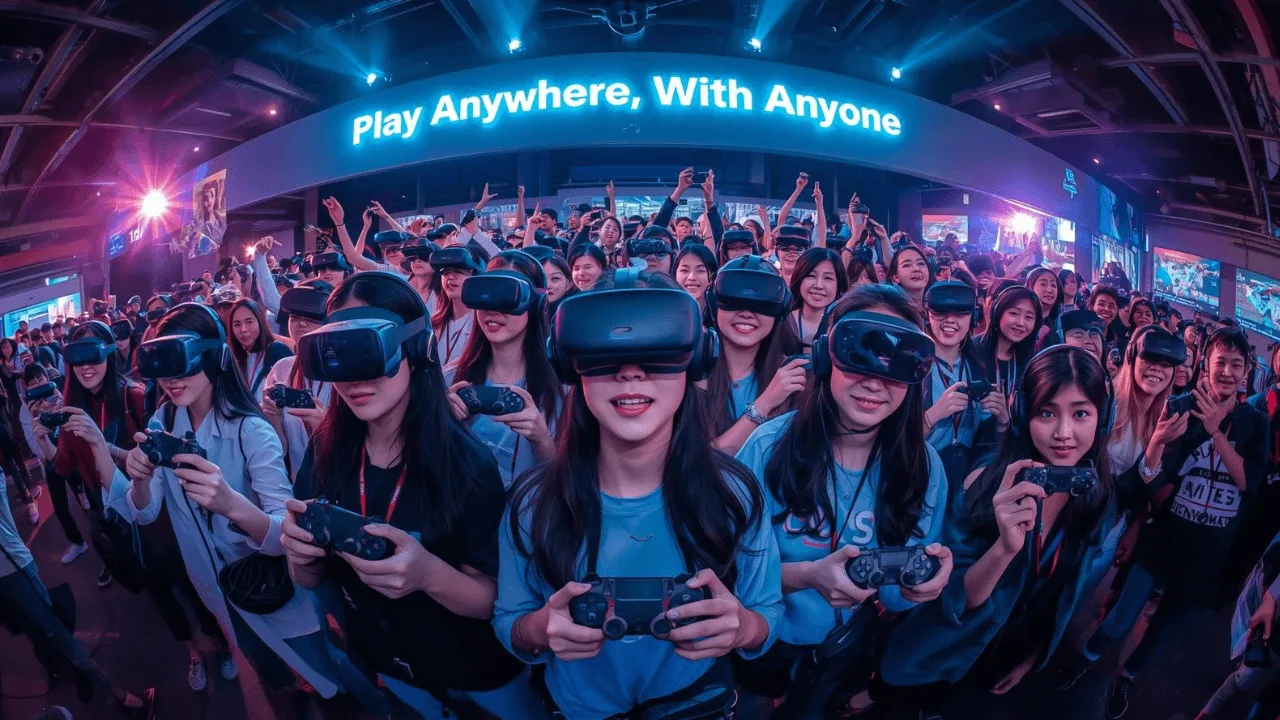 Global gamers standing together under a glowing banner reading “Play Anywhere, With Anyone,” representing the unity of cross-platform gaming in 2026.