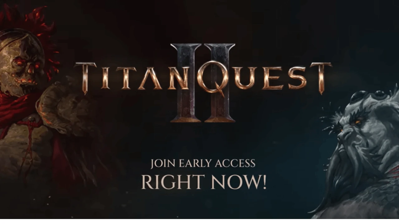 Titan Quest II 2026 game poster showing mythological heroes fighting monsters in ancient world – THQ Nordic official image.