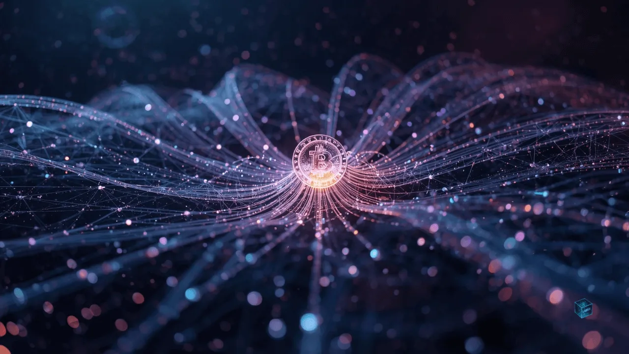 Abstract visualization of a decentralized virtual economy, showing digital assets connected via blockchain networks.