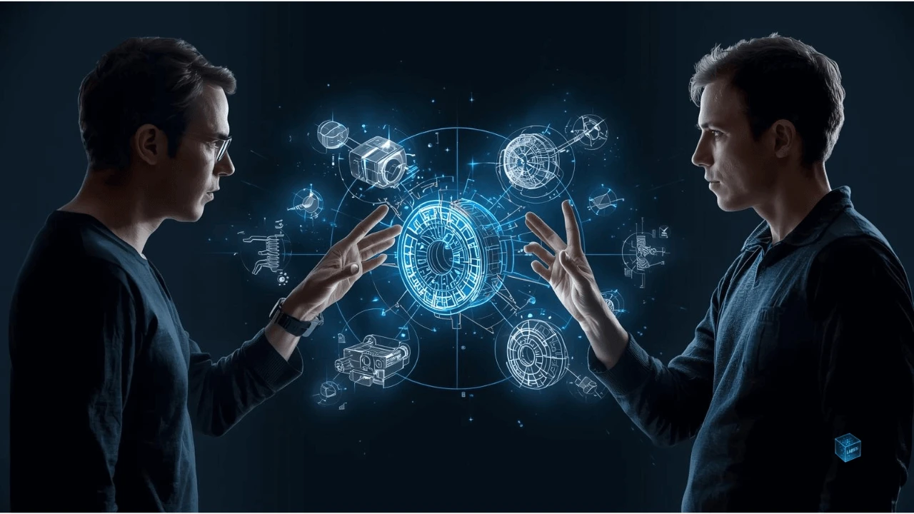 Engineers using neural-interfacing headsets to collaboratively manipulate a complex holographic schematic in a lab.