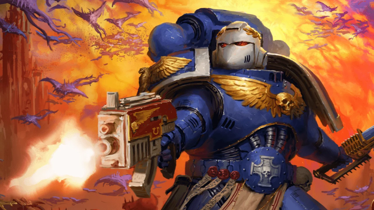 Warhammer 40000 Boltgun 2 gameplay art with Space Marines in battle against demons – Focus Entertainment 2026 release.