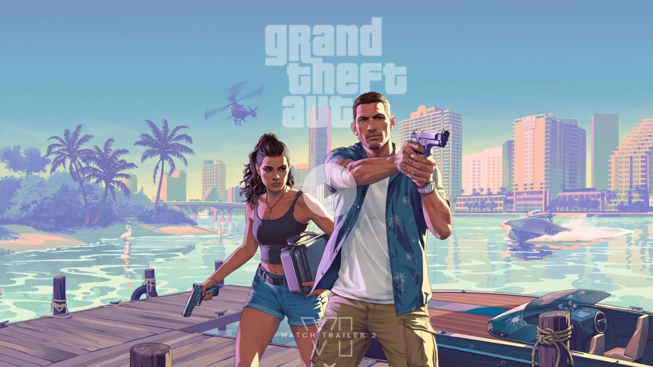 Official artwork of Grand Theft Auto VI showing neon city streets of Vice City with sports cars and palm trees – Rockstar Games 2026.