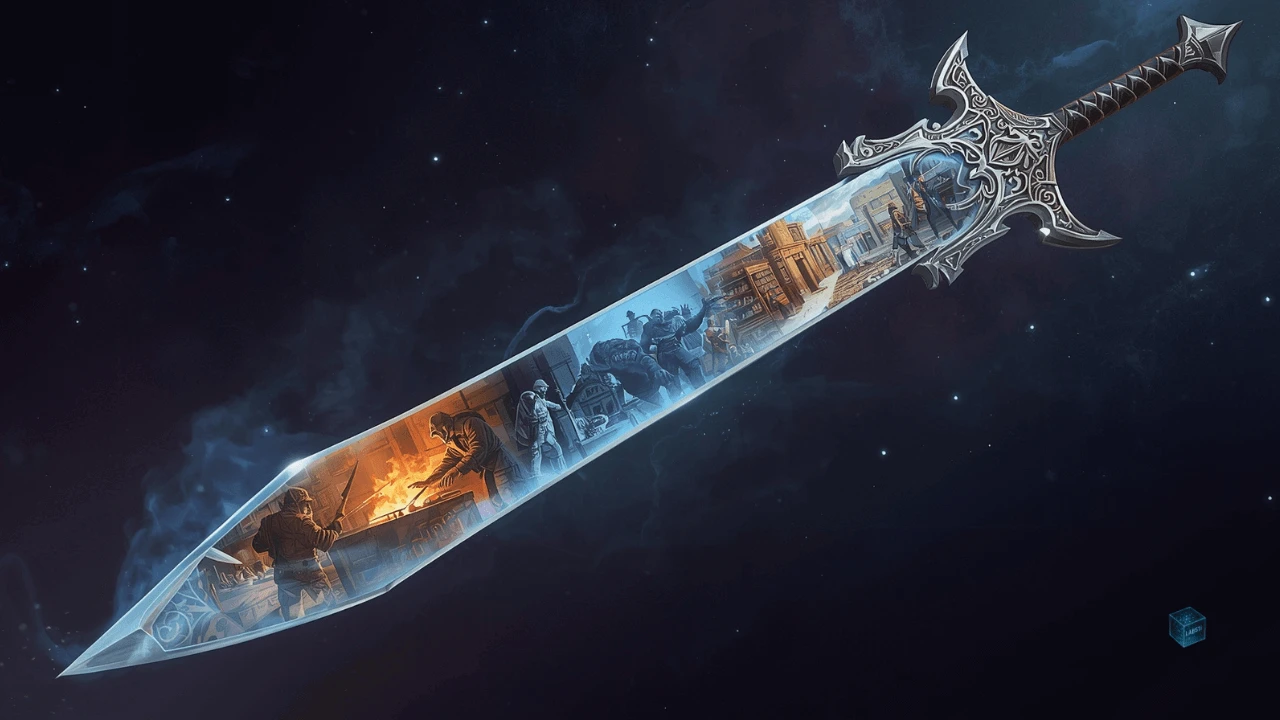A legendary fantasy sword with a blade that displays the history of its past owners, illustrating blockchain provenance and verifiable item history in gaming.